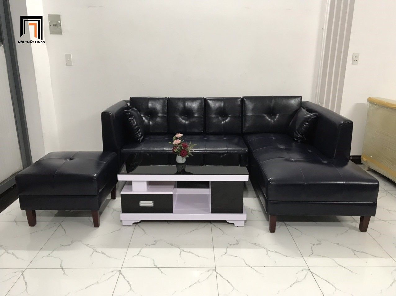 Bộ ghế sofa góc L da giả đen GT231 Ambelia 2m3 x 1m6 cao cấp