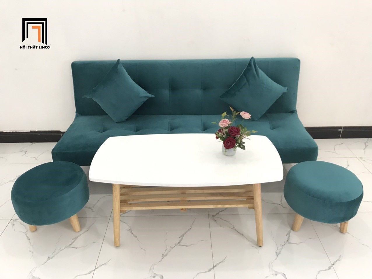 Bộ ghế sofa giường phòng khách xanh lá vải nhung dài 1m7