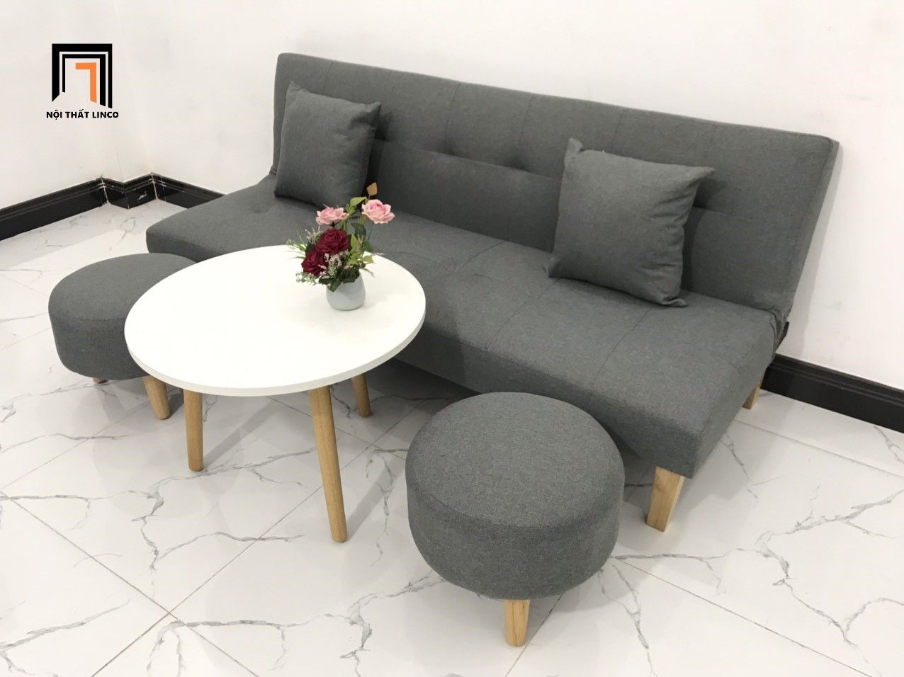 Bộ ghế sofa giường đa năng xám đen lông chuột dài 1m72