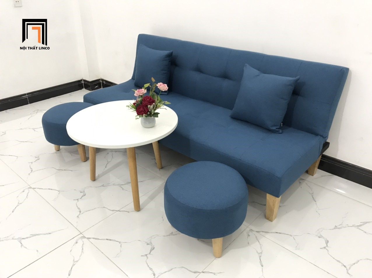 Bộ ghế sofa bed giường nằm xanh dương dài 1m72 bọc vải