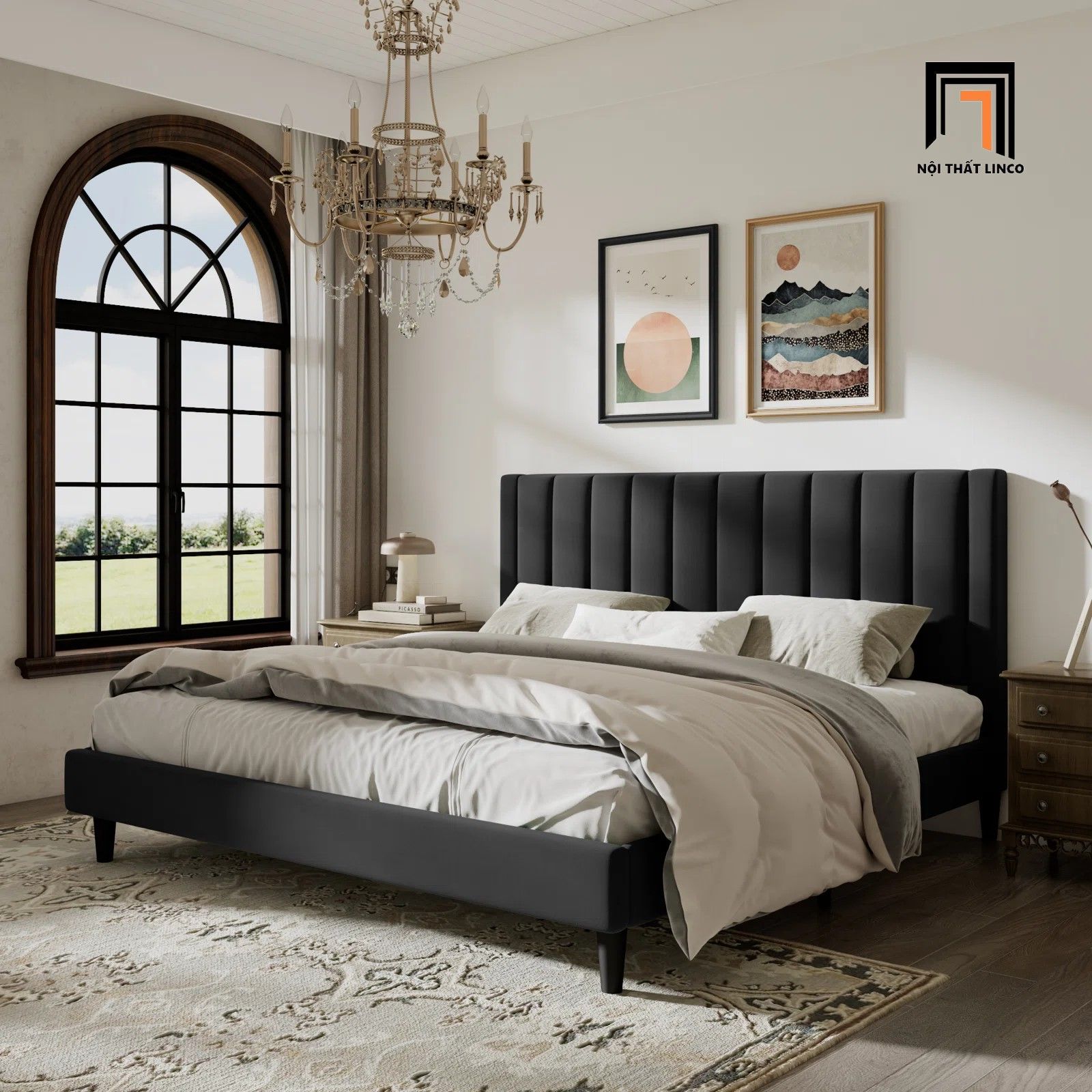 Giường ngủ vải nỉ nhung đẹp GN21 Will đầu giường chia múi