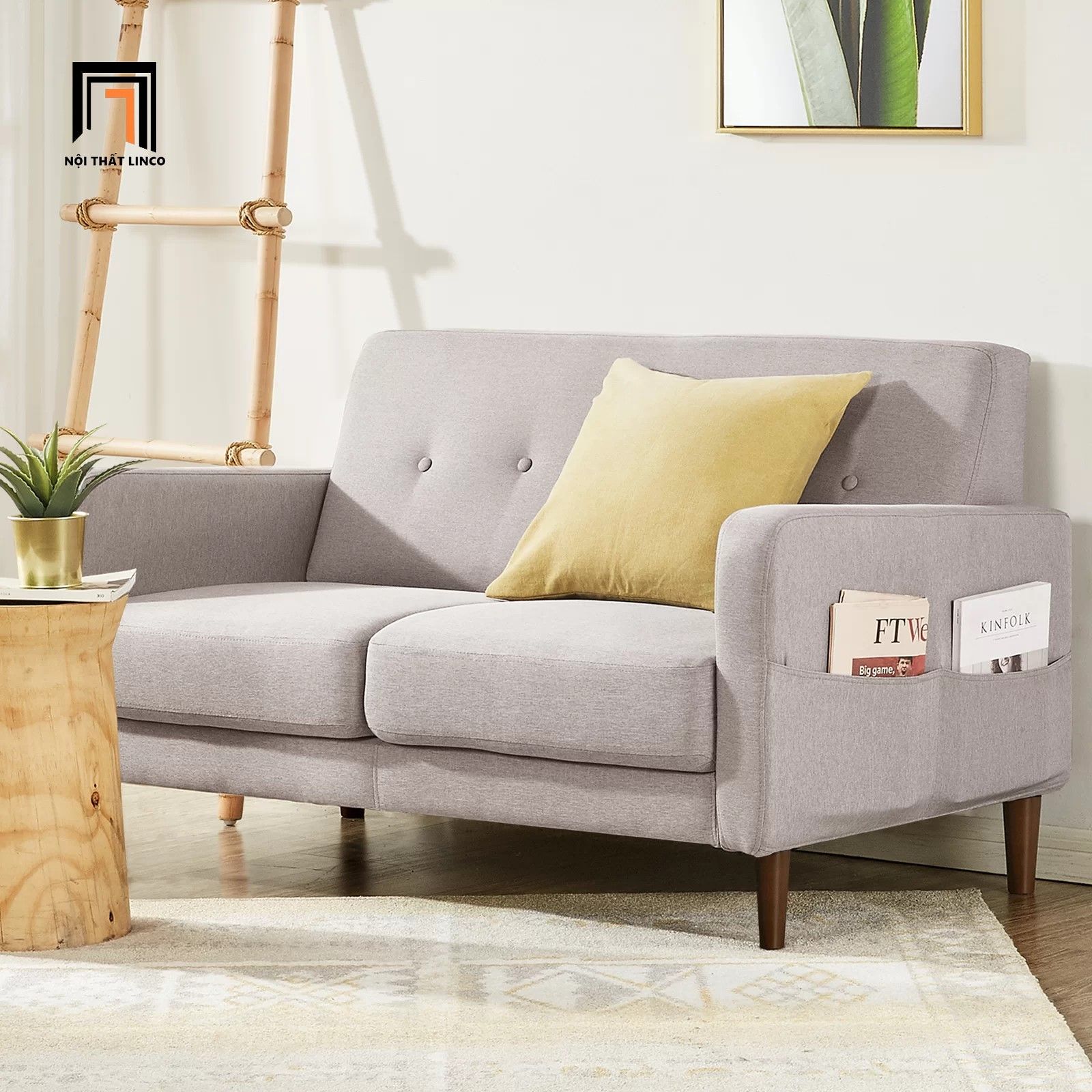 Ghế sofa đôi vải nỉ bố xám trắng BT209 Hensin dài 1m5 nhỏ gọn
