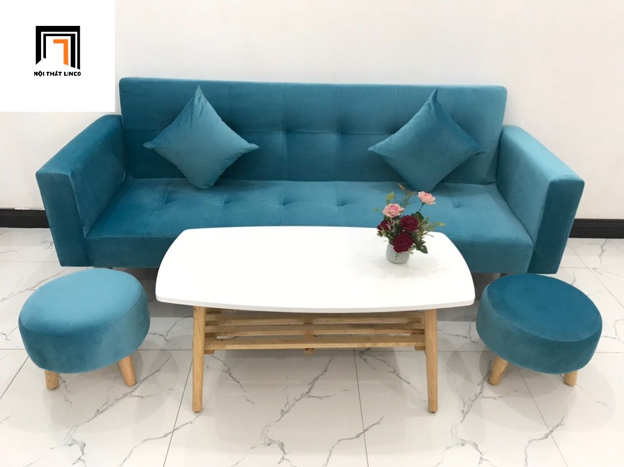 Bộ ghế sofa giường xanh dương vải nhung BTV 2m giá rẻ
