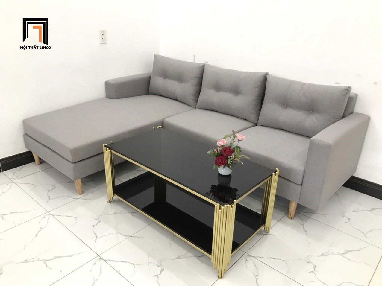 Bộ ghế sofa góc 2m2 x 1m6 màu xám trắng vải bố