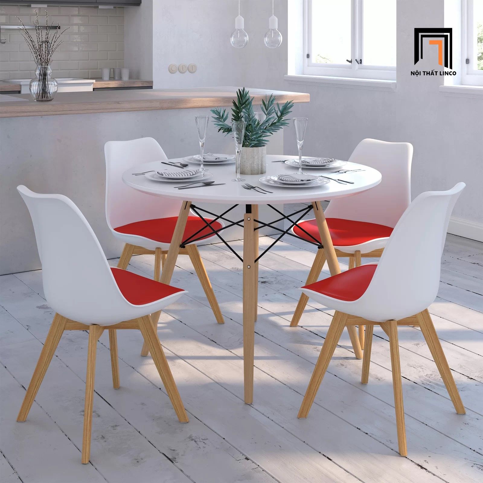 Bộ bàn ăn tròn gia đình nhỏ gọn 1-OC4-GCF11-B1 4 ghế nhựa
