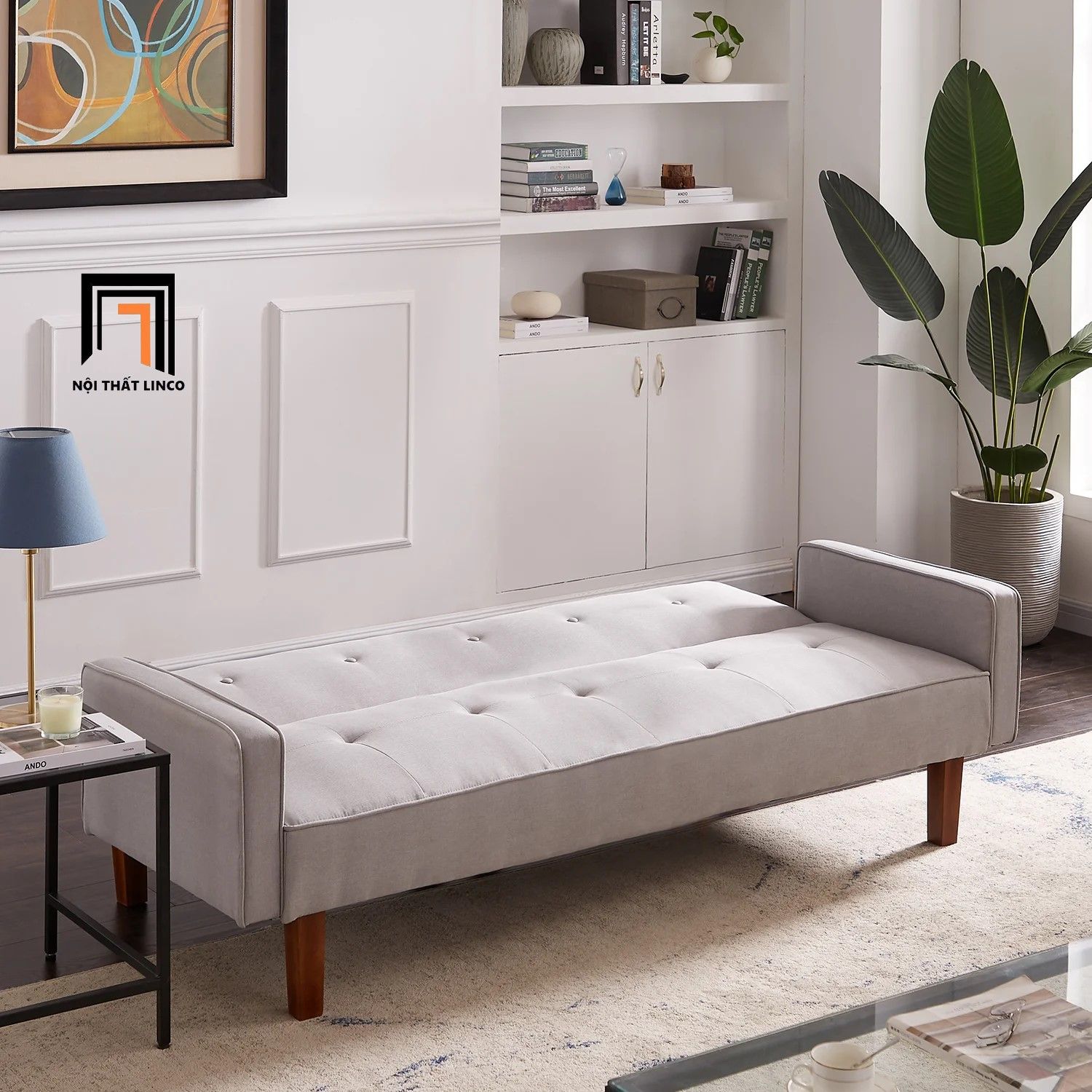 Sofa giường nằm giá rẻ GB71 Morones 2m vải nhung xám trắng