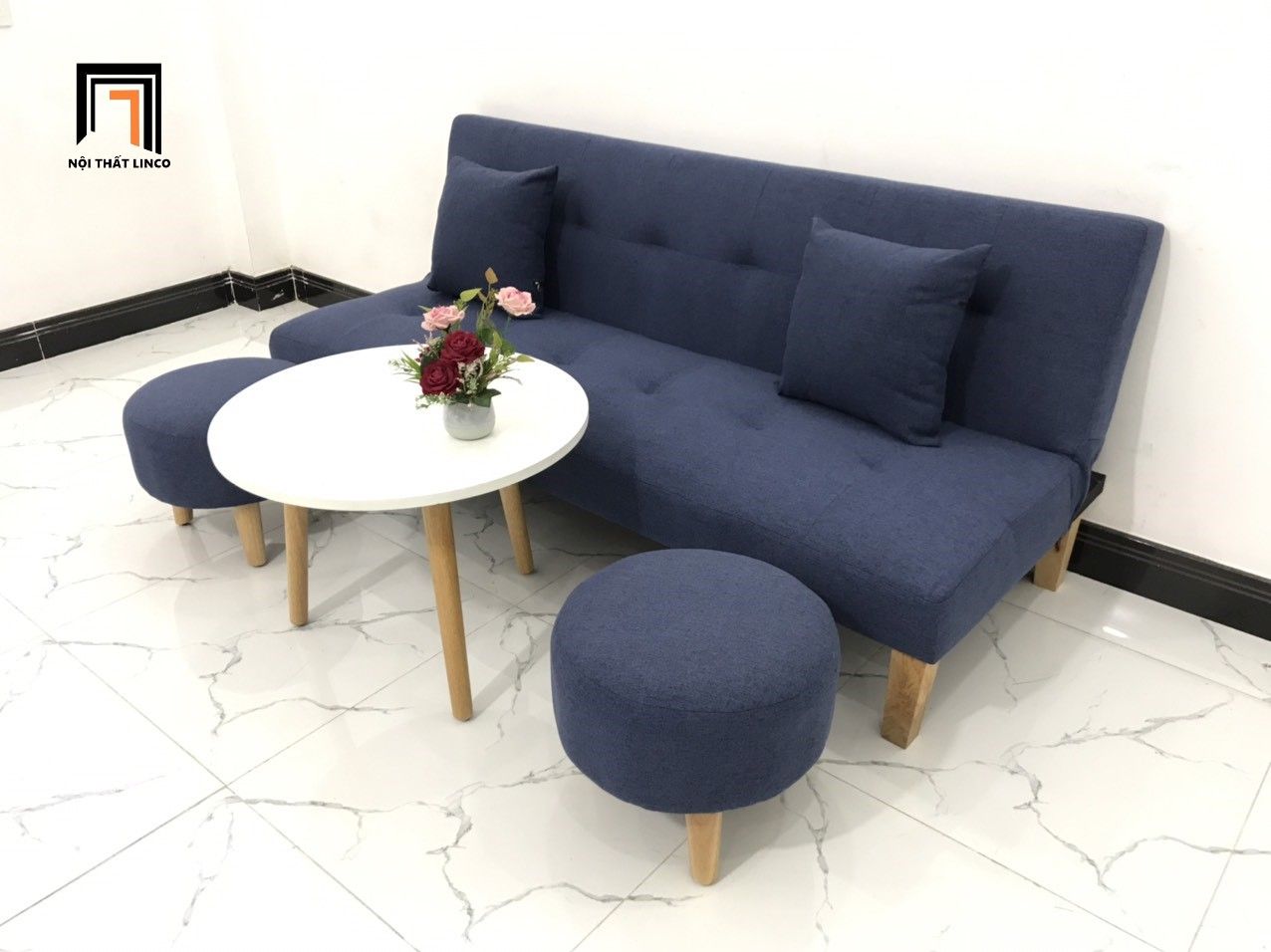 Bộ bàn ghế sofa giường xanh đậm dài 1m72 cho phòng nhỏ