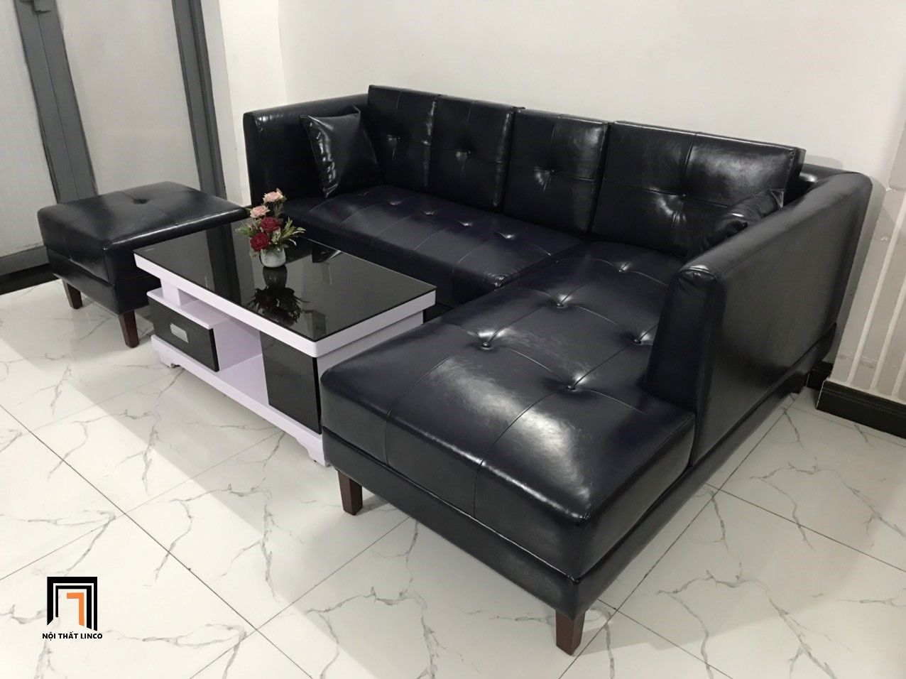 Bộ ghế sofa góc L da giả đen GT231 Ambelia 2m3 x 1m6 cao cấp