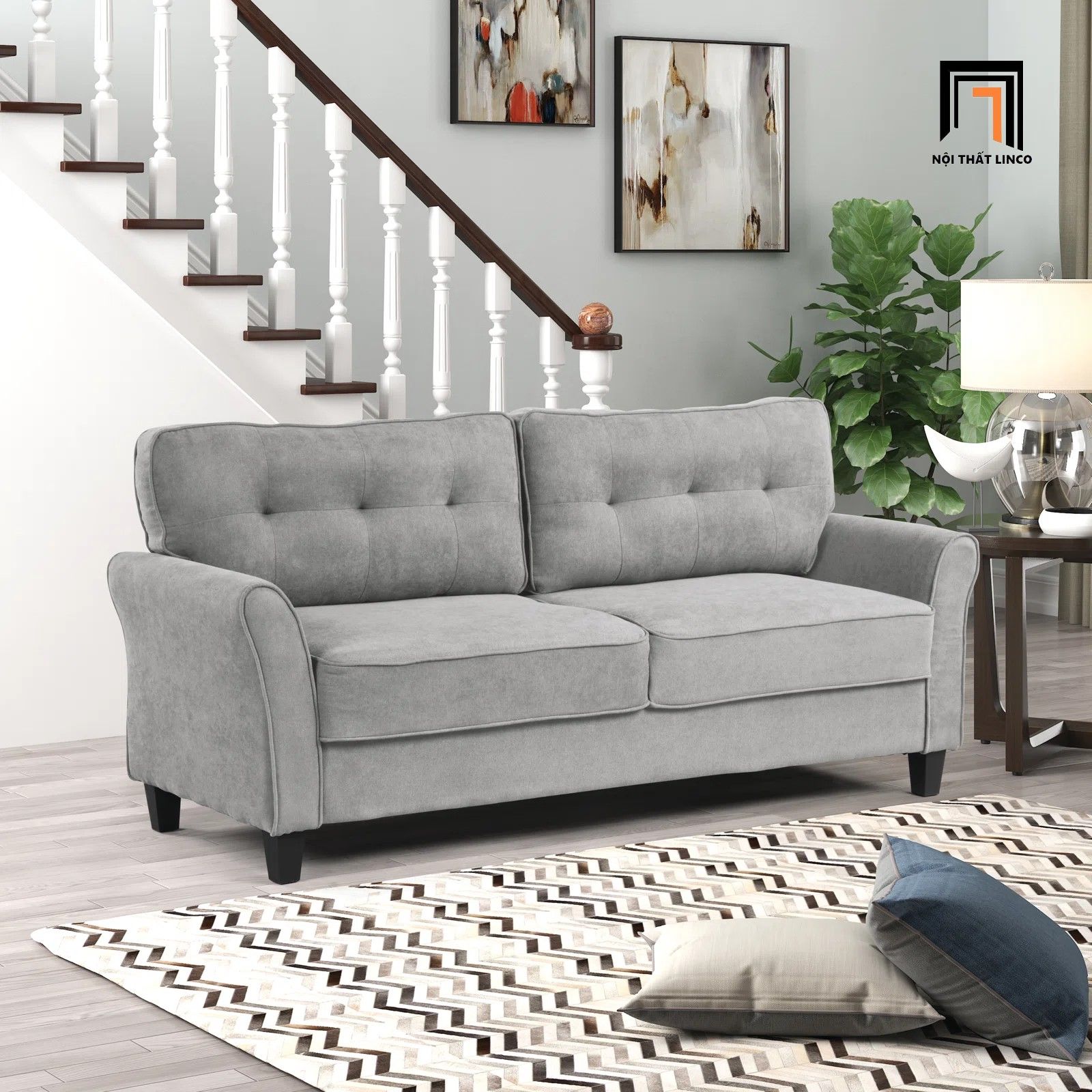 Bộ ghế sofa gia đình hiện đại KT97 Aliete vải nhung màu xám