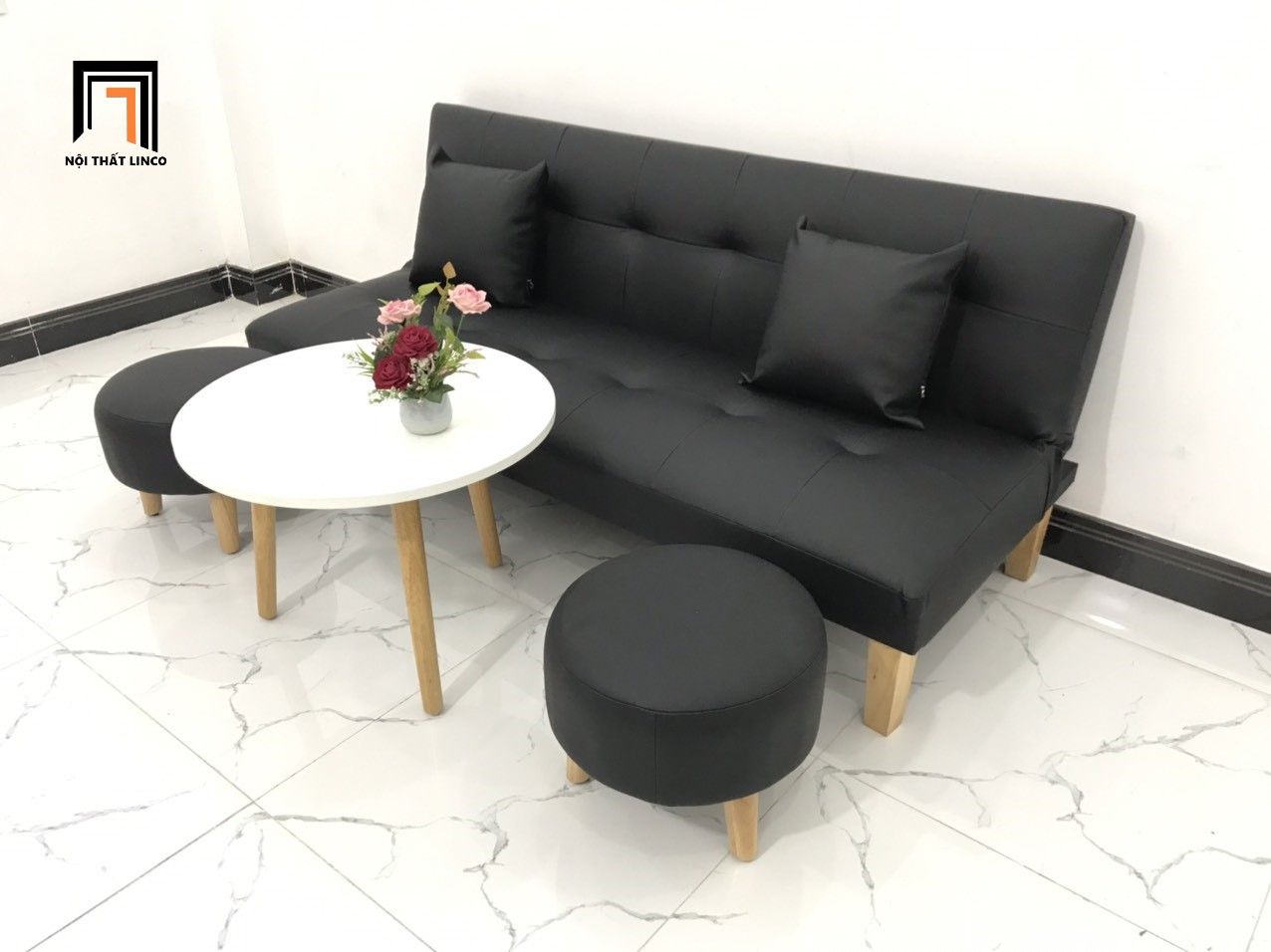 Bộ ghế sofa giường nhỏ gọn simili giả da đen dài 1m72