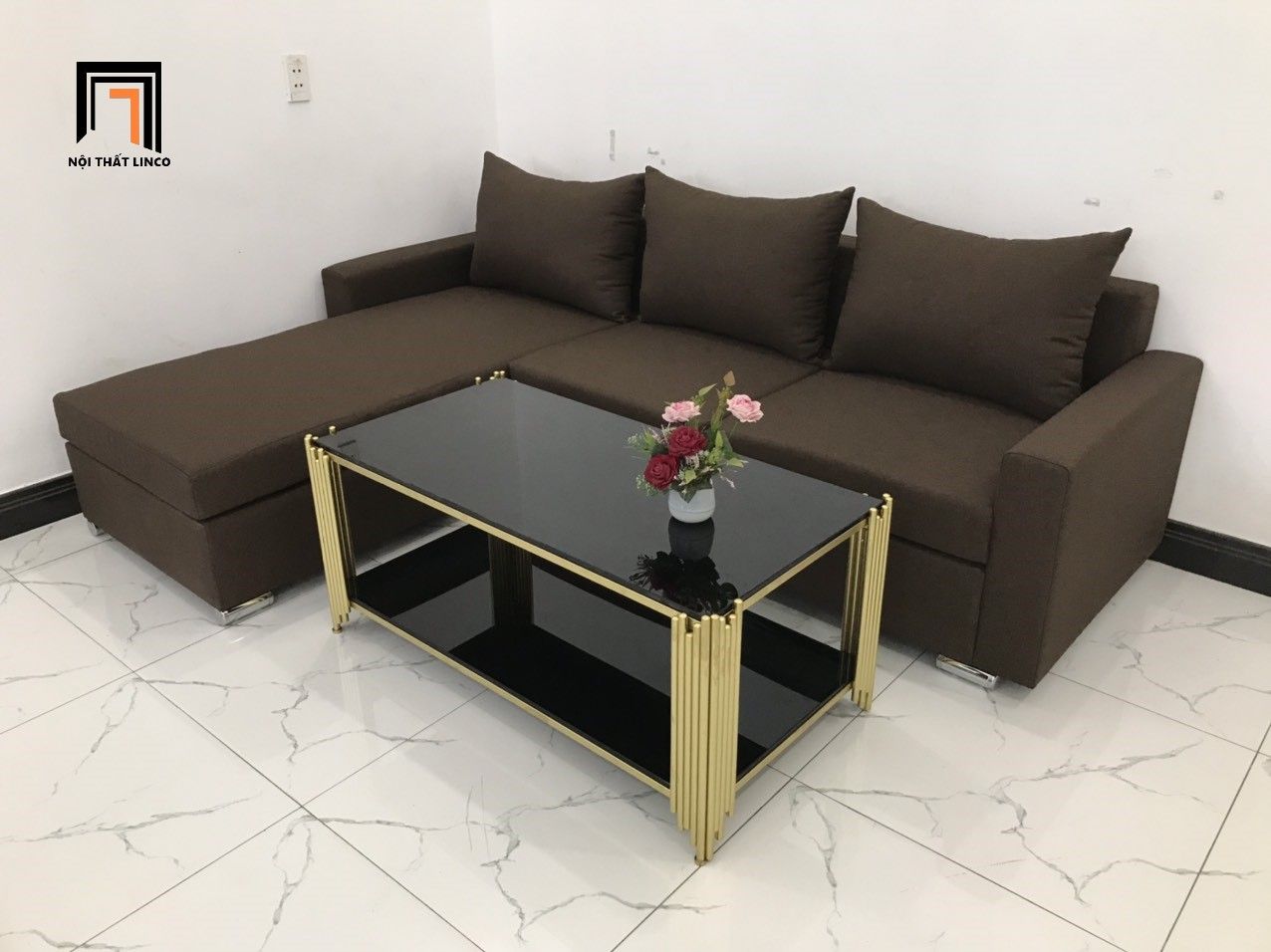 Bộ ghế sofa góc L 2m2 x 1m6 cho phòng khách nâu đậm