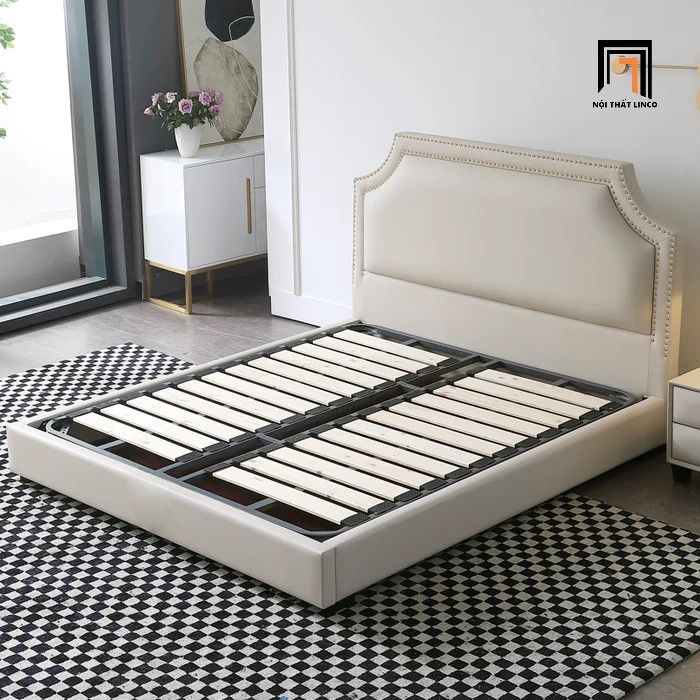 Giường ngủ bọc da Pu màu trắng GN73 Emmett đính nút cao cấp