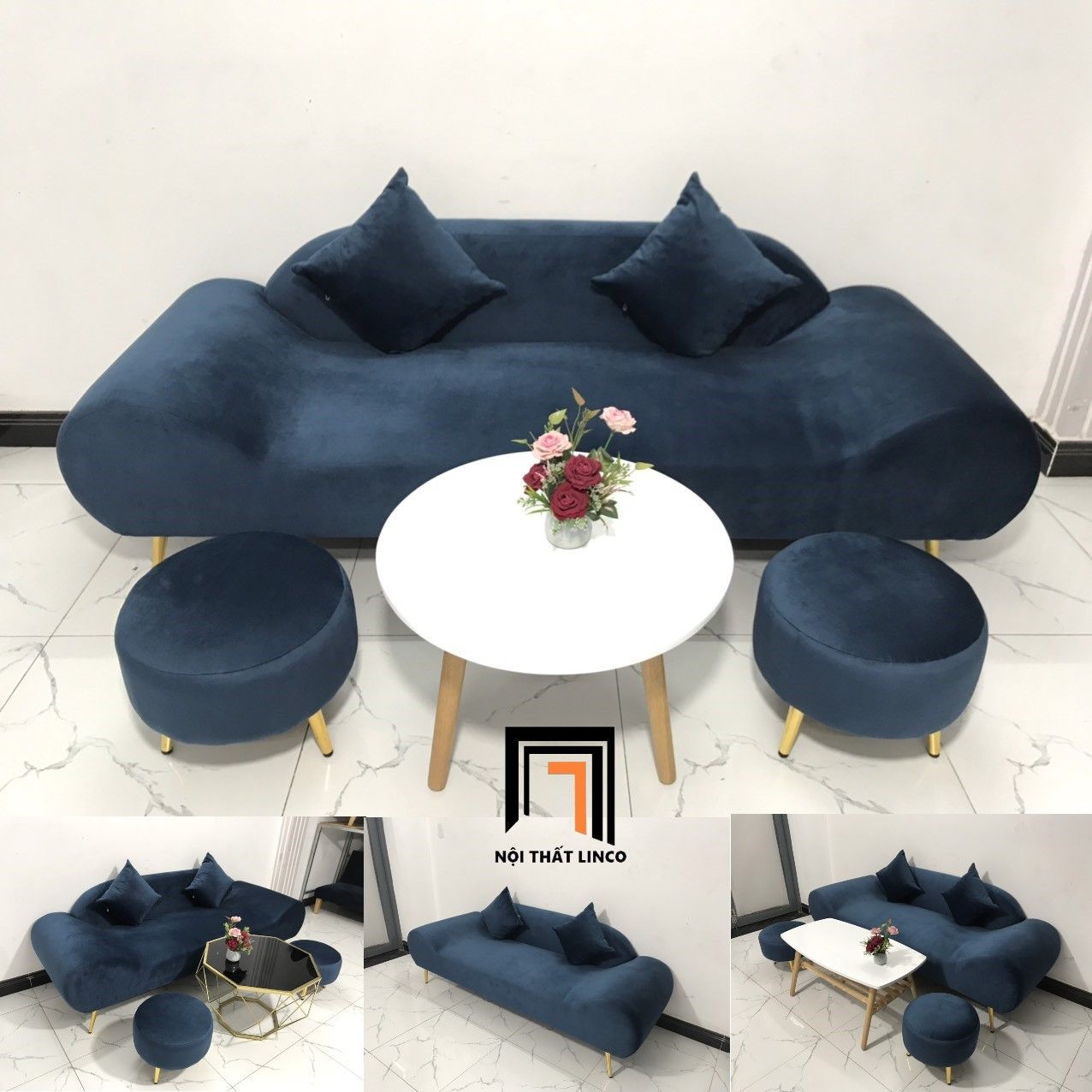 Bộ bàn ghế sofa băng thuyền SFT 2m phòng khách xanh đen vải nhung