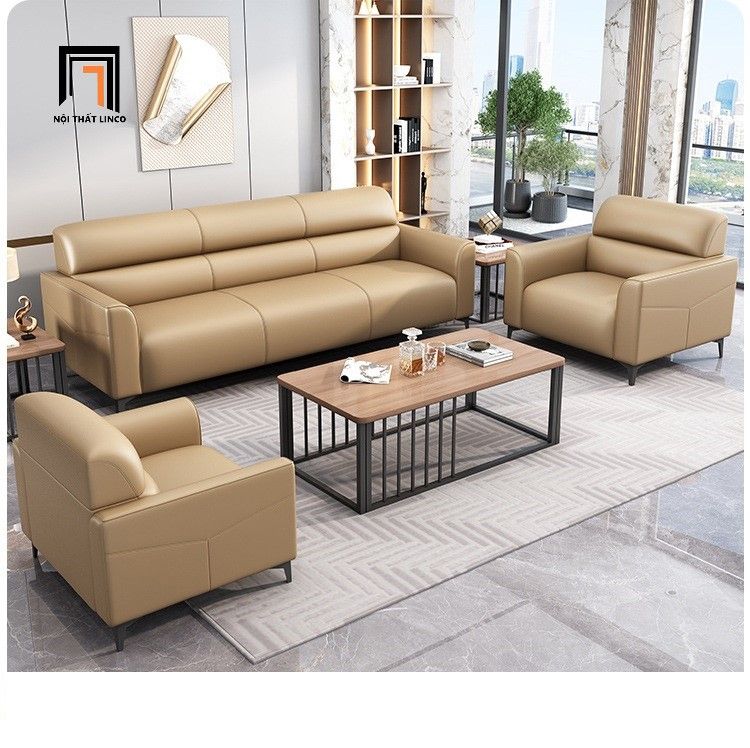 Bộ ghế sofa văn phòng làm việc KT163 Trawen bọc da giả đen