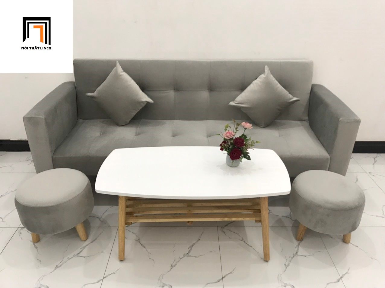 Bộ ghế sofa giá rẻ thông minh BTV 2m xám tro vải nhung