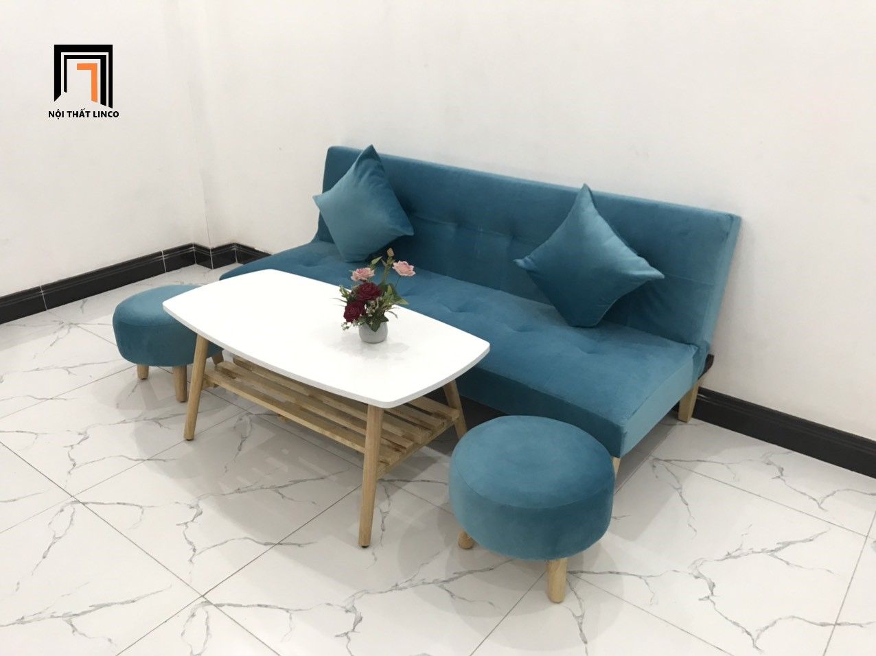 Bộ ghế sofa bed bật giường xanh dương vải nhung dài 1m72