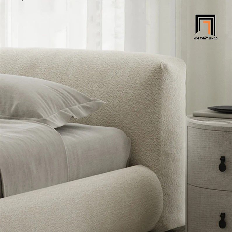 Giường ngủ bọc vải nỉ trắng kem giá rẻ GN48 Amos cho gia đình