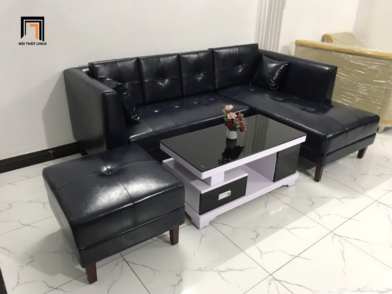 Bộ ghế sofa góc L da giả đen GT231 Ambelia 2m3 x 1m6 cao cấp