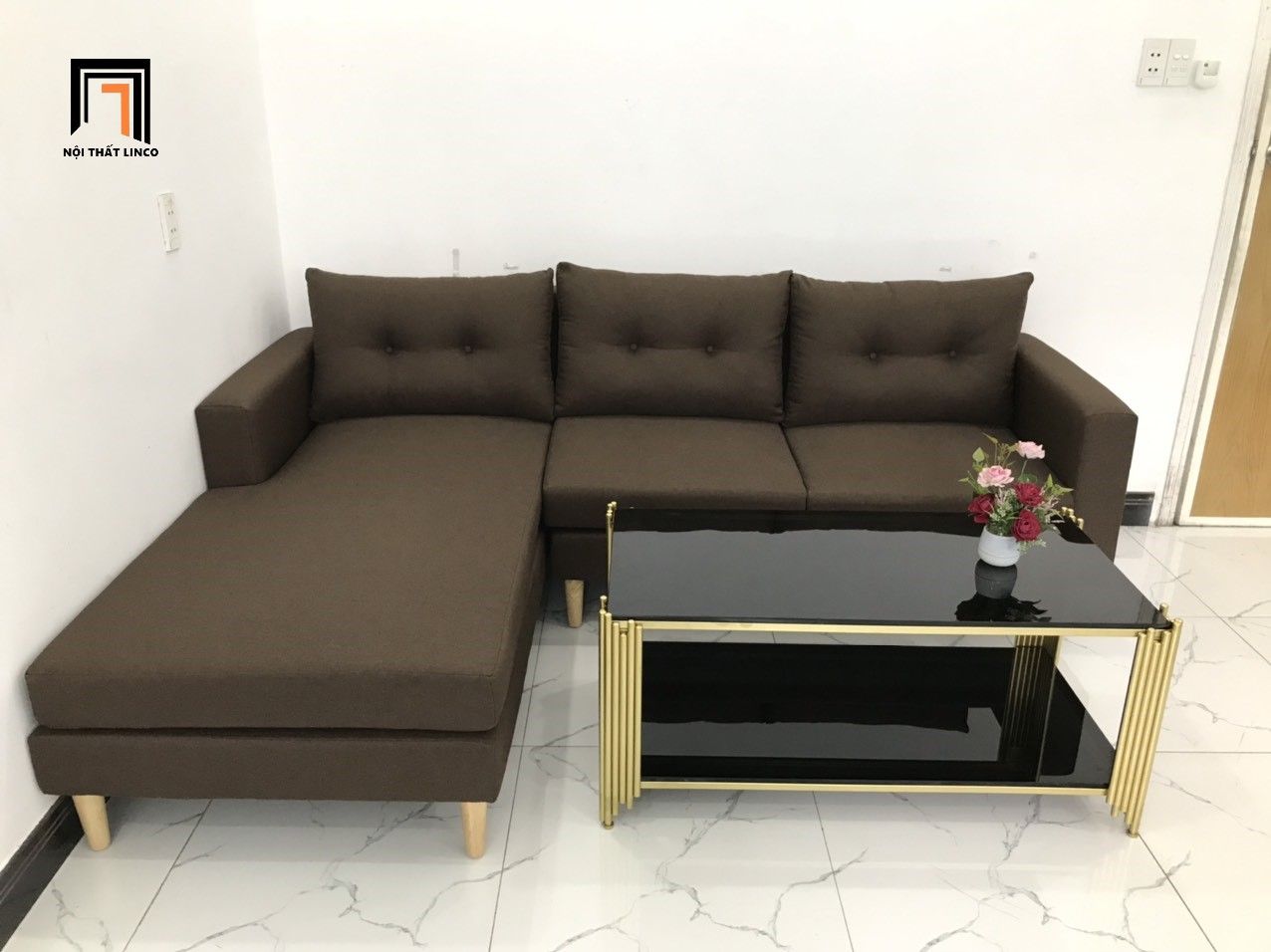 Bộ bàn ghế sofa góc 2m2 x 1m6 phòng khách gia đình nâu đậm