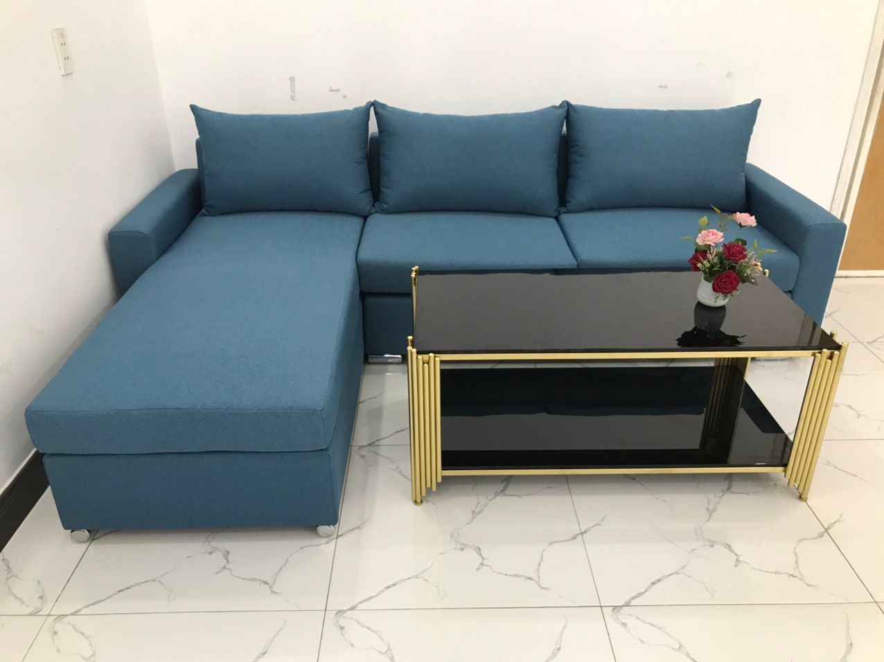 Bộ ghế sofa góc L 2m2 x 1m6 thư giãn xanh dương