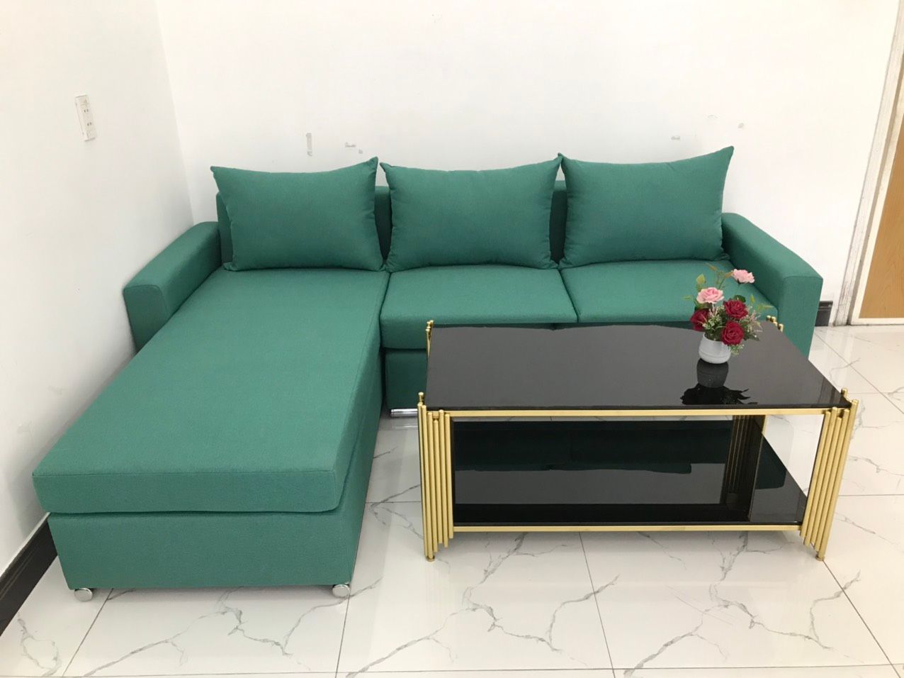 Bộ bàn ghế sofa góc chữ L 2m2 x 1m6 phòng khách màu xanh ngọc