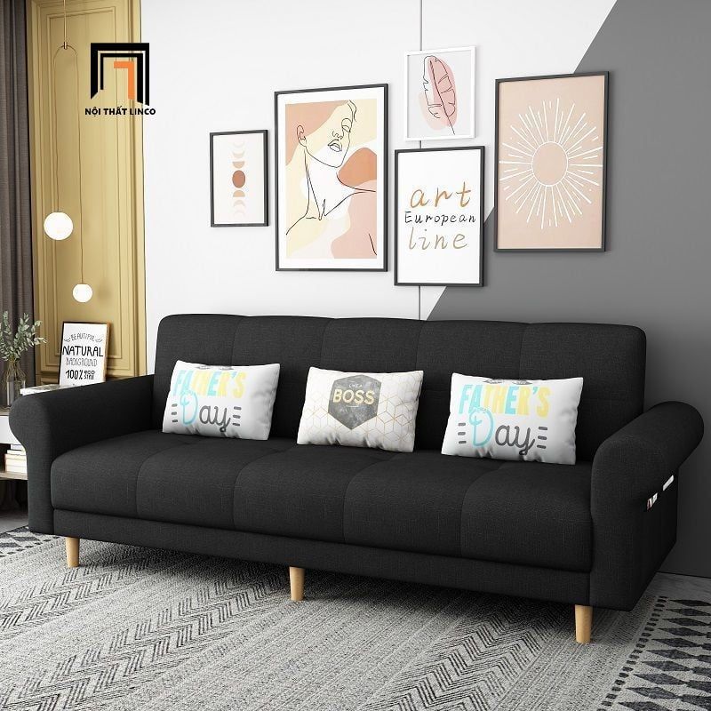 Ghế sofa giường tay cong giá rẻ GB112 Beiro 2m1 vải nỉ xám đậm