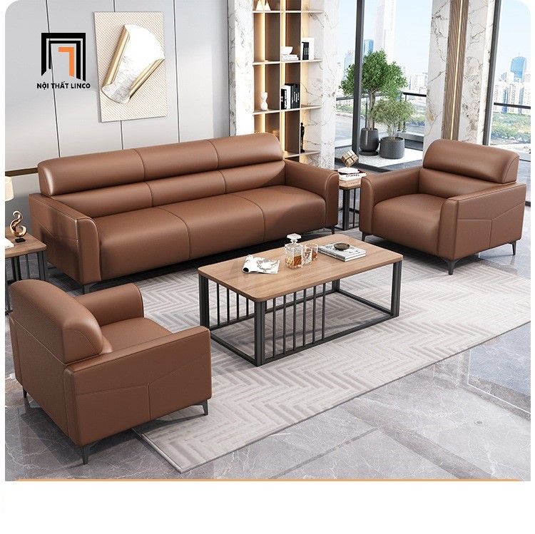 Bộ ghế sofa văn phòng làm việc KT163 Trawen bọc da giả đen