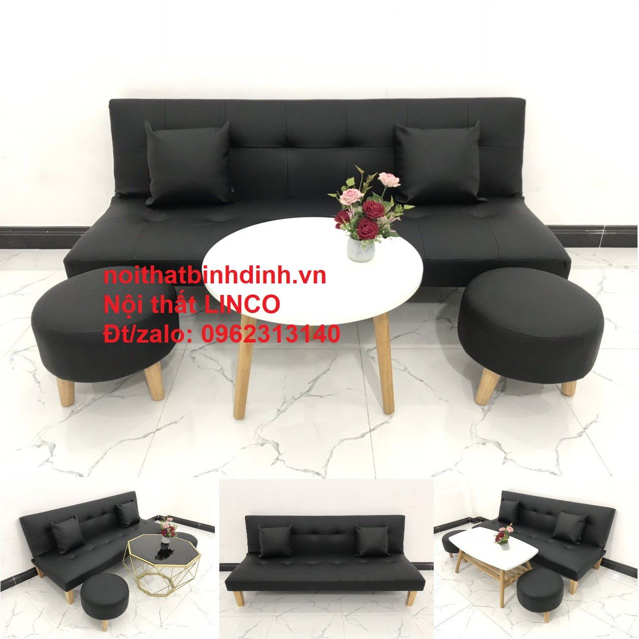 Bộ ghế sofa giường nhỏ gọn simili giả da đen dài 1m72