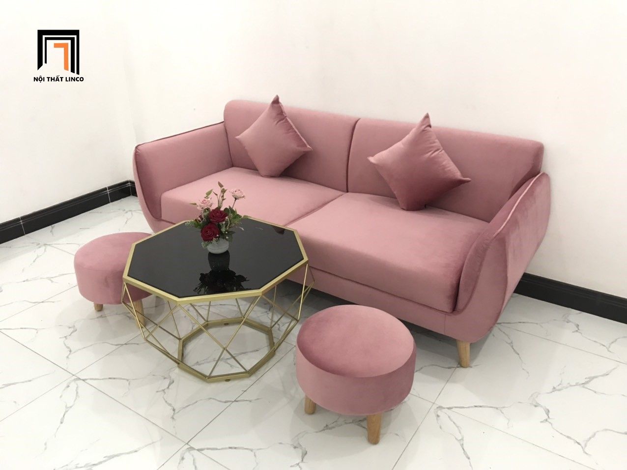 Ghế sofa băng BB dài 1m9 màu hồng phấn vải nhung giá rẻ