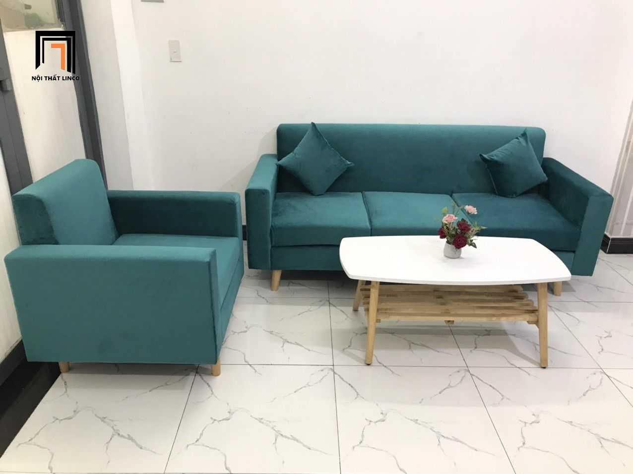 Set ghế sofa băng phòng khách NS05 xanh lá vải nhung