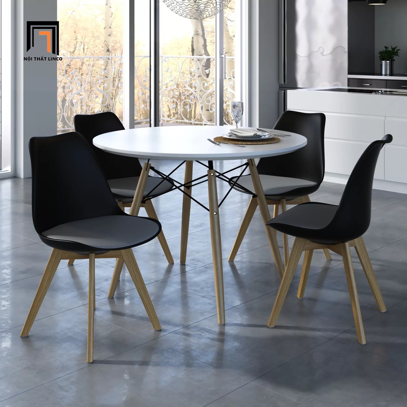 Bộ bàn ăn tròn gia đình nhỏ gọn 1-OC4-GCF11-B1 4 ghế nhựa