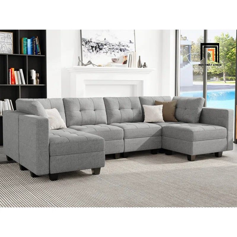 Bộ ghế sofa U vải nỉ xám trắng UT12 Teangela dài 3m gia đình