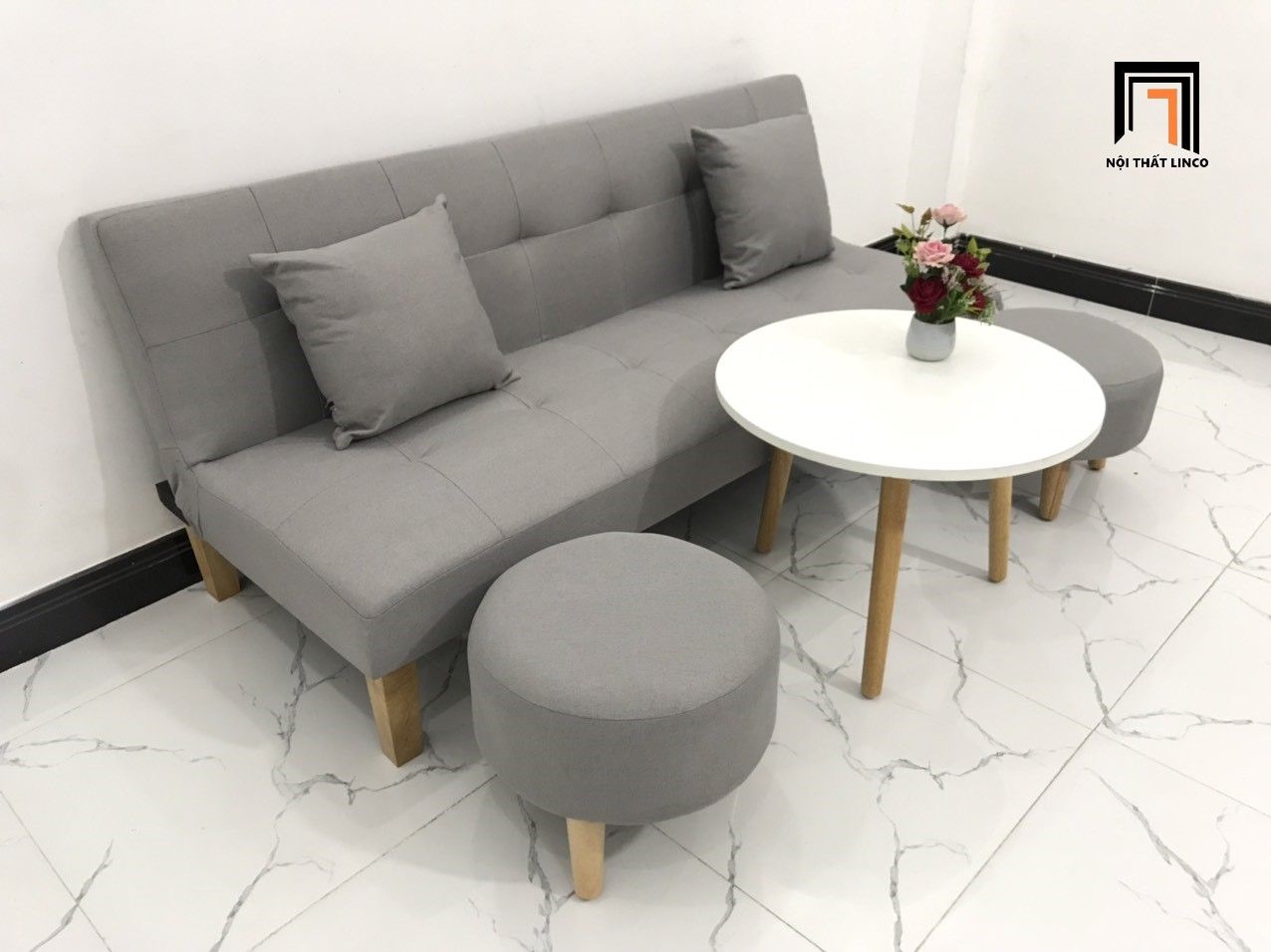 Bộ ghế sofa giường xám ghi trắng dài 1m72 cho phòng khách nhỏ