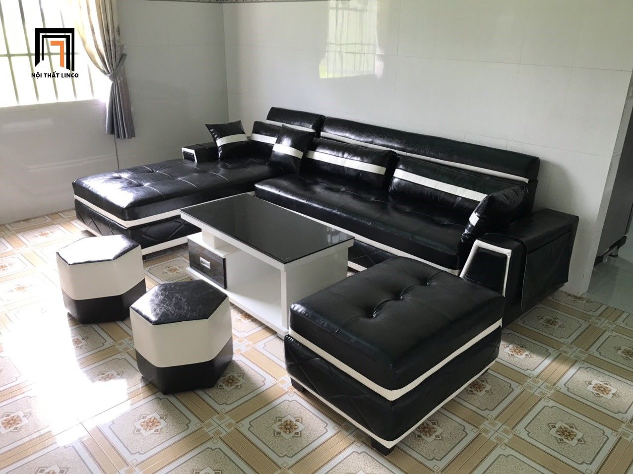 Bộ ghế sofa góc L da simili GT45 Blink 3m x 1m8 phối 2 màu