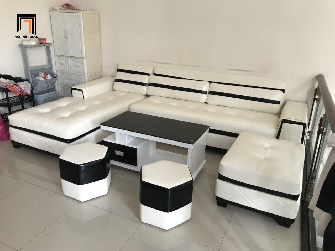 Bộ ghế sofa góc L da simili GT45 Blink 3m x 1m8 phối 2 màu