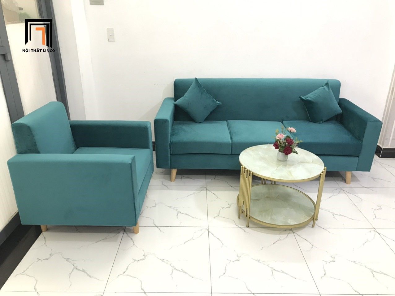 Set ghế sofa băng phòng khách NS05 xanh lá vải nhung
