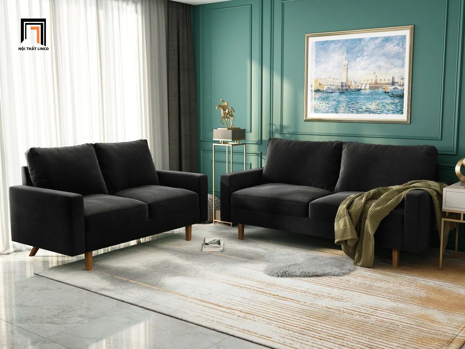 Ghế sofa băng vải nỉ nhung màu đen BT221 Jo dài 1m6 nhỏ gọn