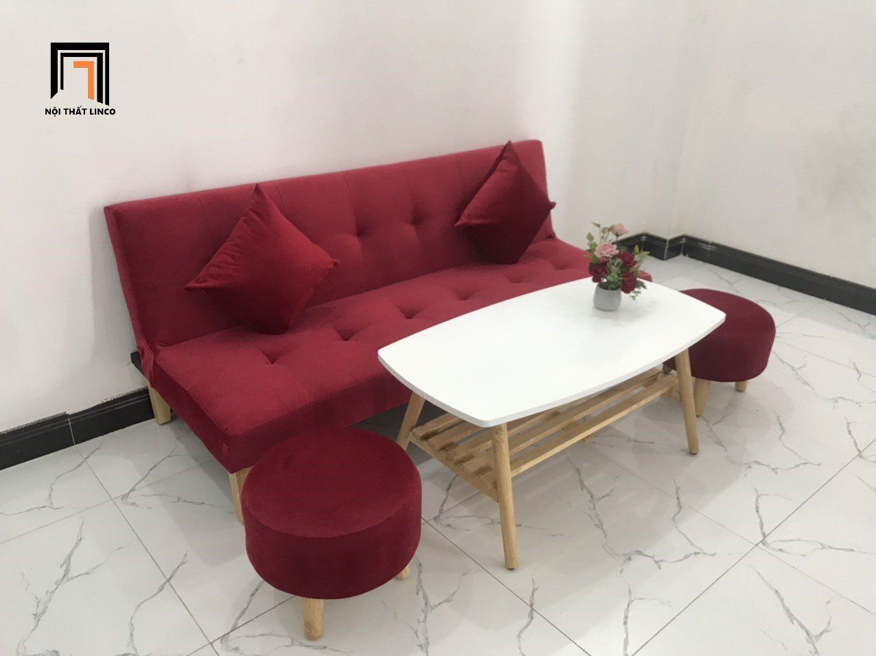 Bộ bàn ghế sofa giường đỏ đô vải nhung mềm dài 1m72