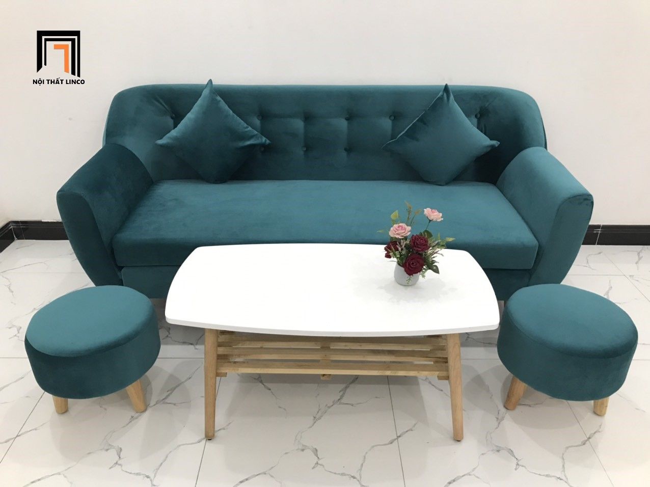 Bộ ghế sofa băng BGN đẹp xanh lá dài 1m9 vải nhung