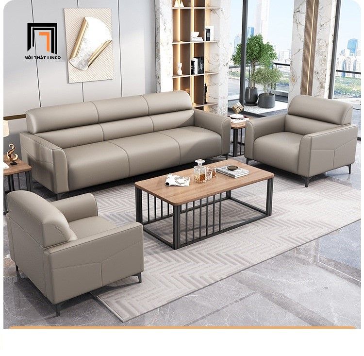 Bộ ghế sofa văn phòng làm việc KT163 Trawen bọc da giả đen