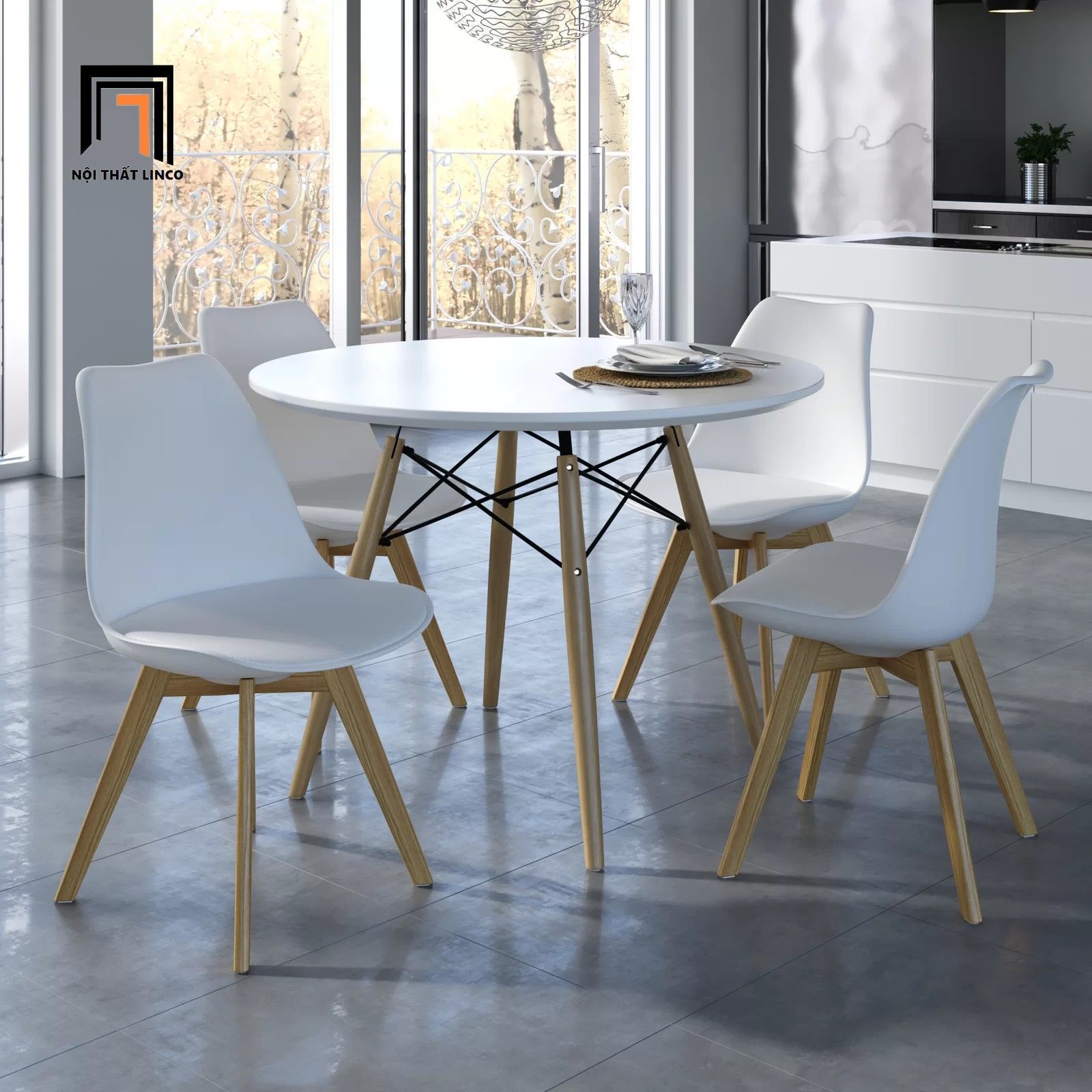 Bộ bàn ăn tròn gia đình nhỏ gọn 1-OC4-GCF11-B1 4 ghế nhựa