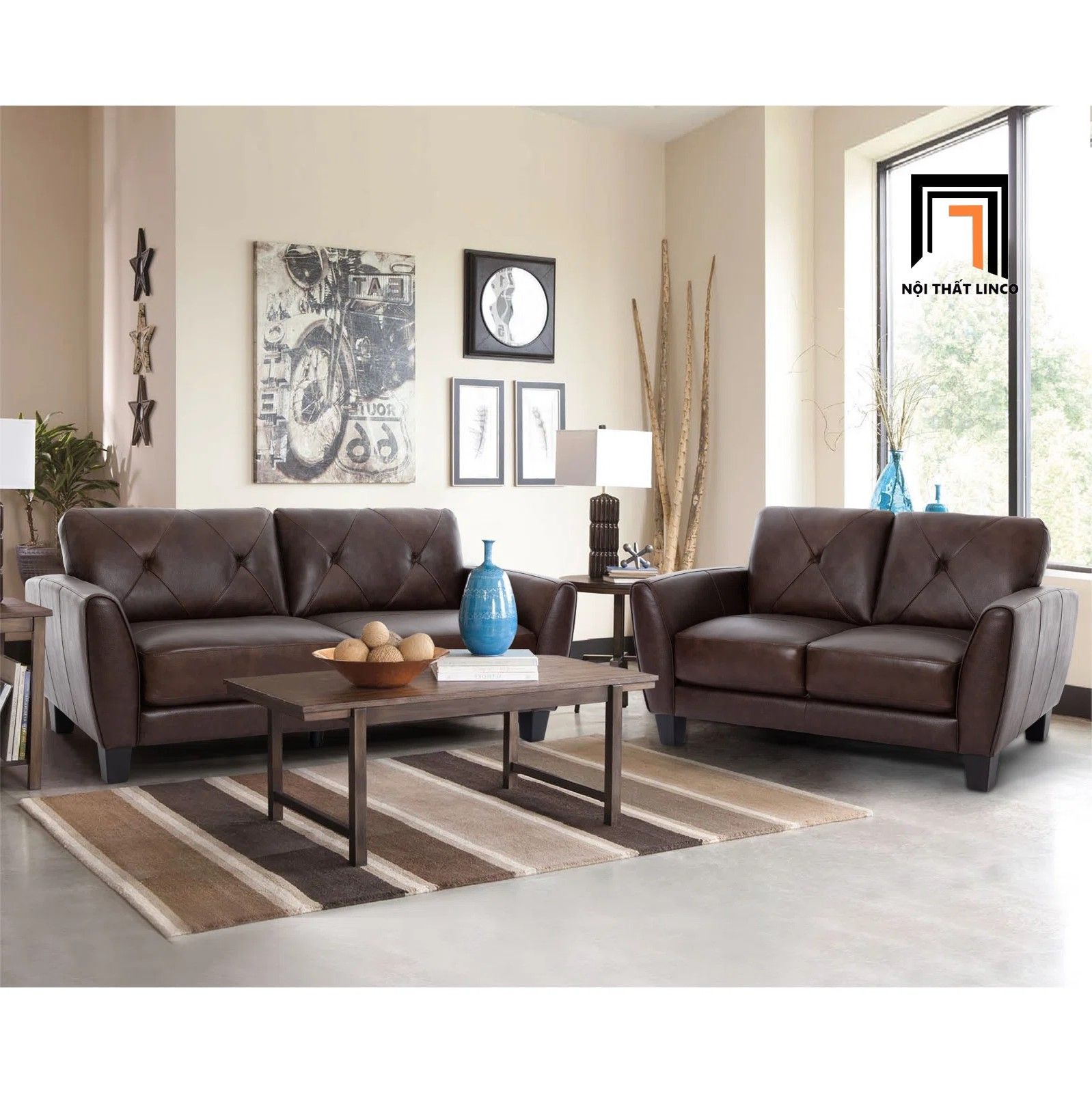 Set ghế sofa màu nâu cho gia đình KT142 Nayelys bọc da Pu đẹp