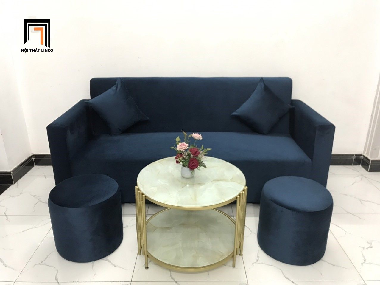 Bộ ghế sofa băng xanh đen BG03 dài 1m9 vải nhung nỉ giá rẻ