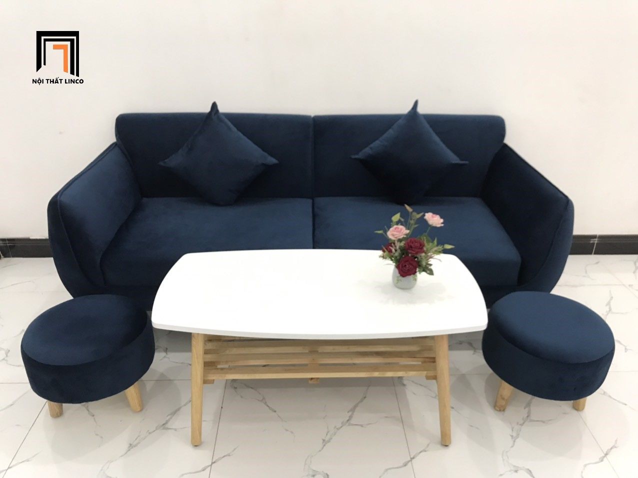 Bộ ghế sofa phòng khách BB 1m9 xanh dương đậm vải nhung