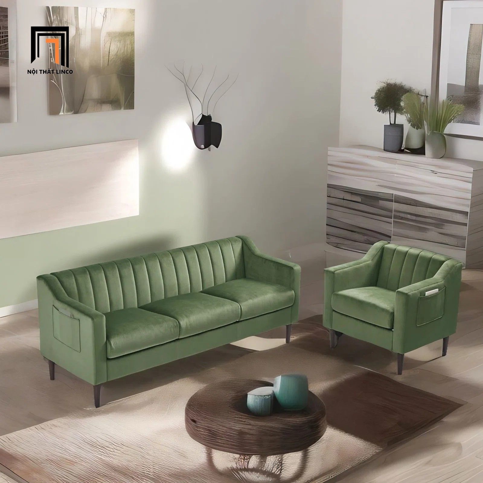 Bộ ghế sofa gia đình vải nhung xanh lá KT131 Perrytown giá rẻ
