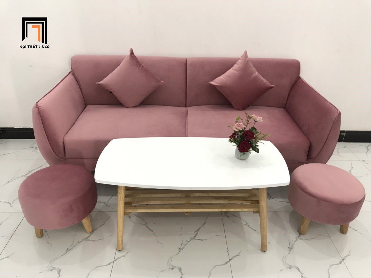 Ghế sofa băng BB dài 1m9 màu hồng phấn vải nhung giá rẻ