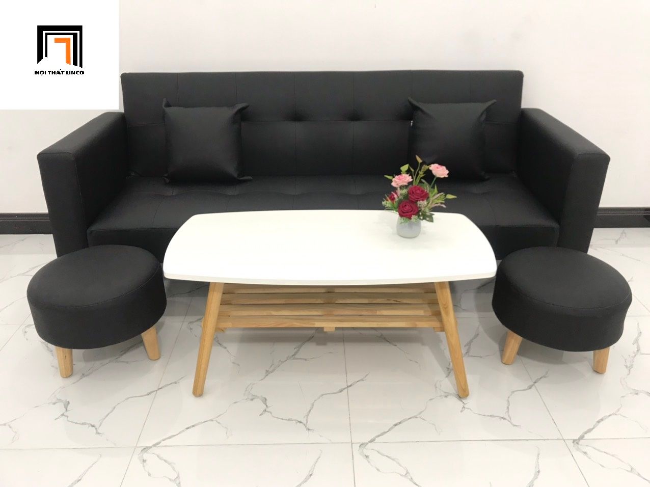 Bộ ghế sofa băng đa năng BTV 2m simili giả da màu đen