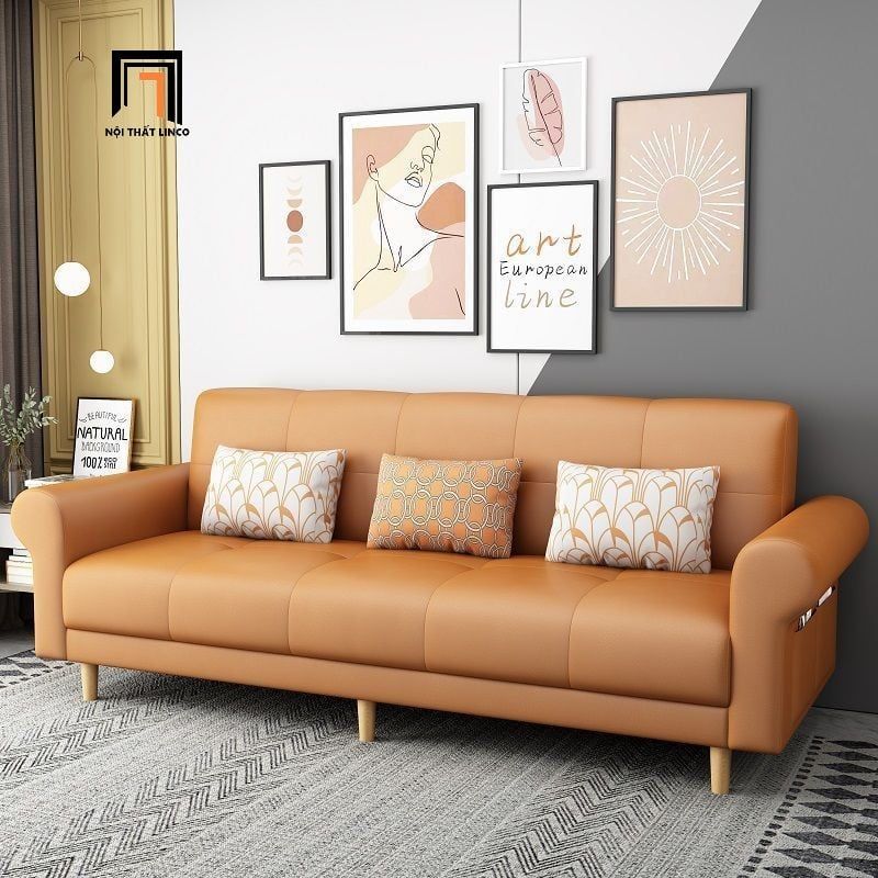 Ghế sofa giường tay cong giá rẻ GB112 Beiro 2m1 vải nỉ xám đậm