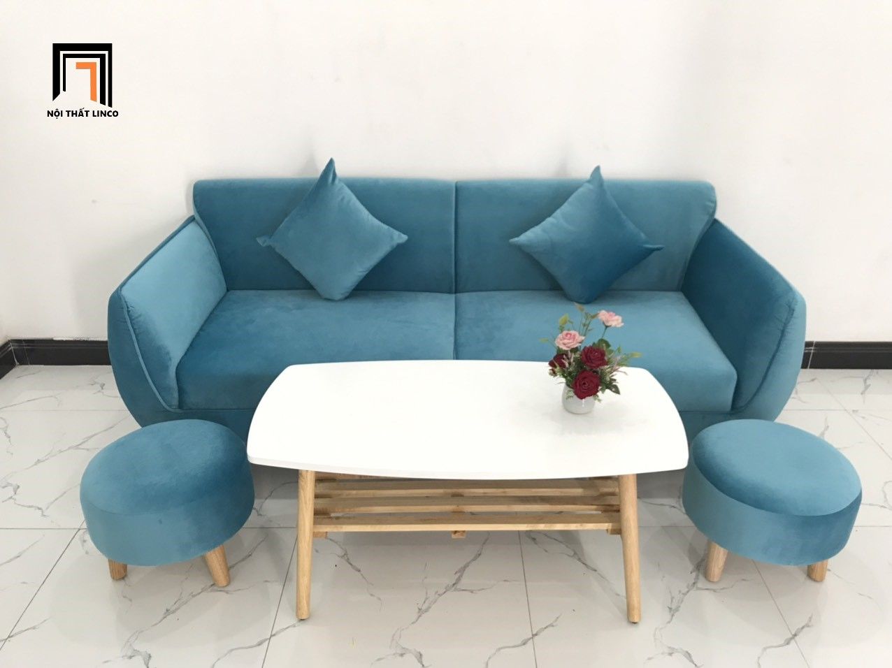 Bộ bàn ghế sofa văng BB dài 1m9 phòng khách xanh dương