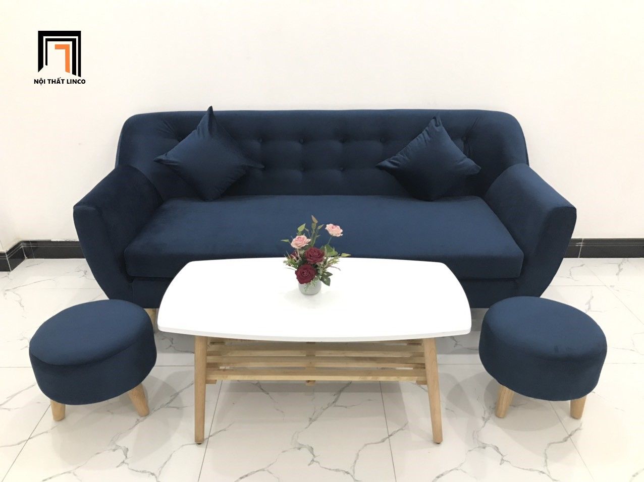 Bộ bàn ghế sofa băng BGN dài 1m9 xanh dương đậm vải nhung